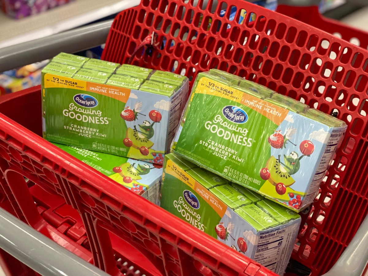 juice boxes in packaging in shopping cart