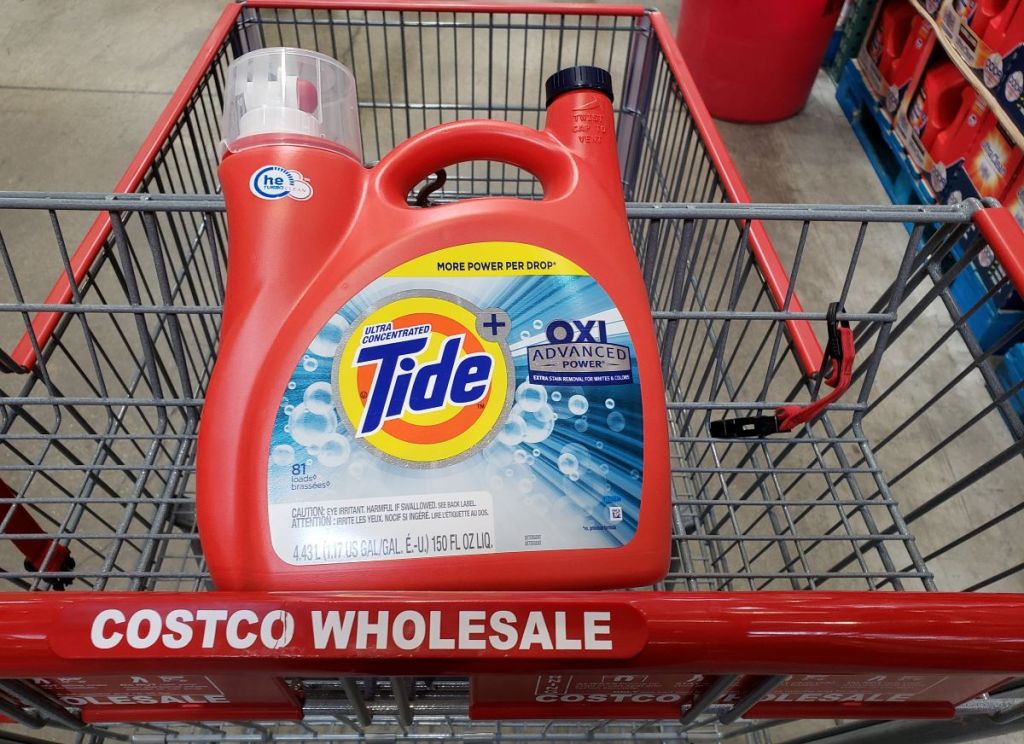 bottle of Tide in a Costco cart