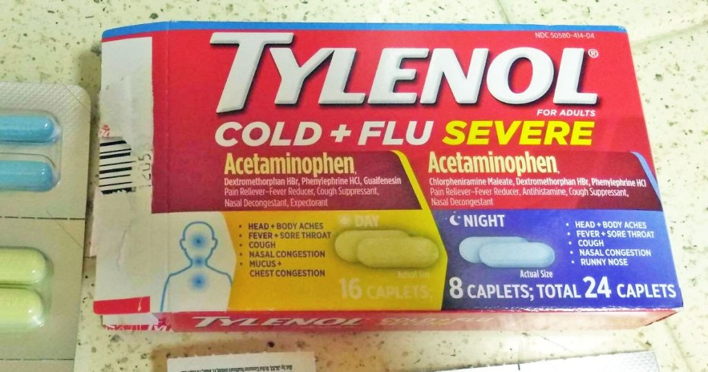 red tylenol cold medicine box on counter