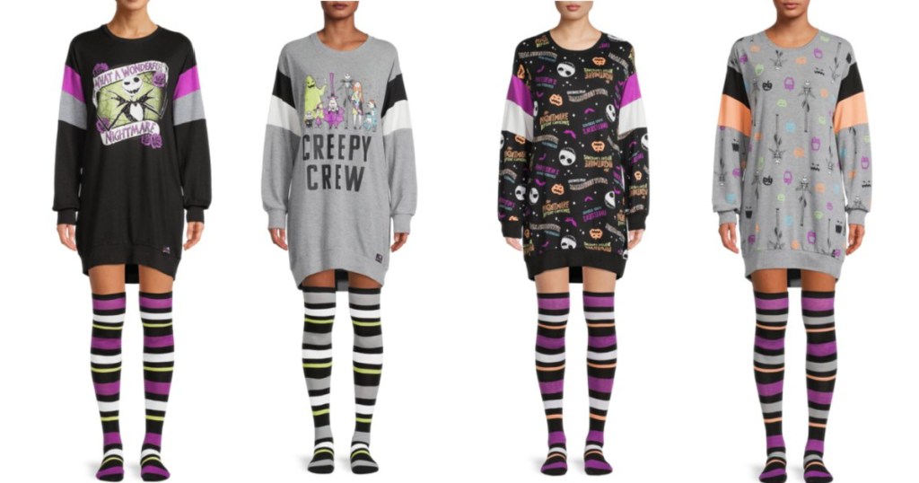 woman modeling walmart halloween themed sleepshirts and striped socks