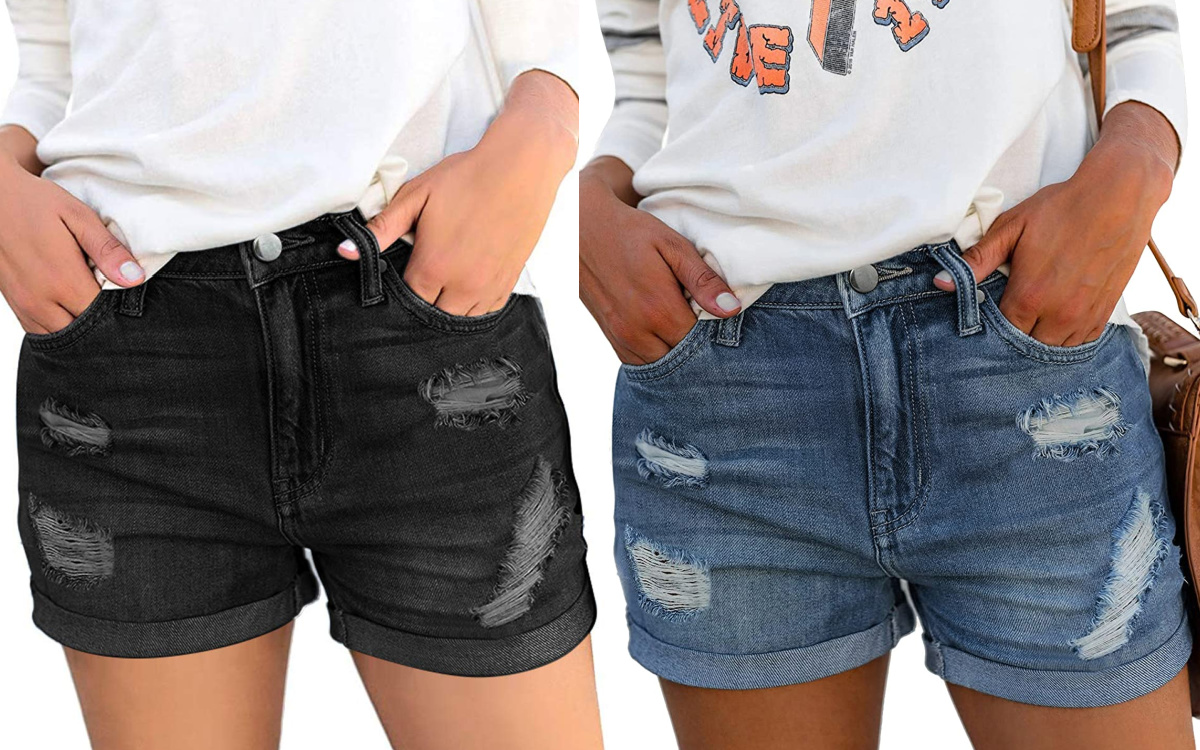 black and blue denim shorts