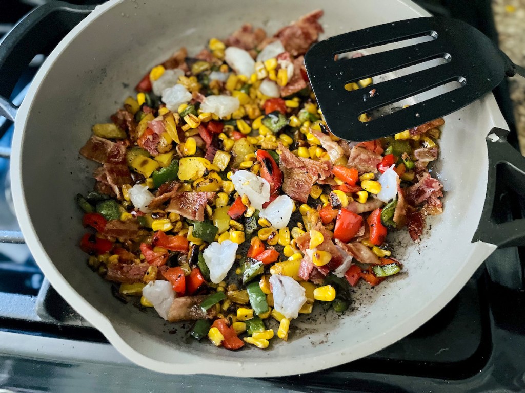 skillet with fish taco filling