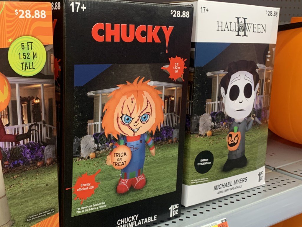 store shelf with halloween decor on it