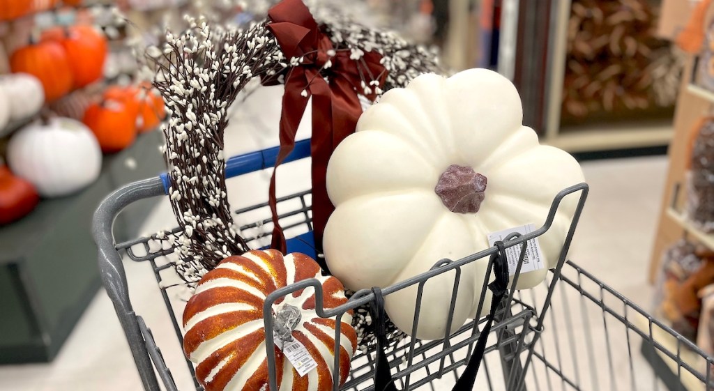 fall wreath and pumpkins in hobby lobby cart