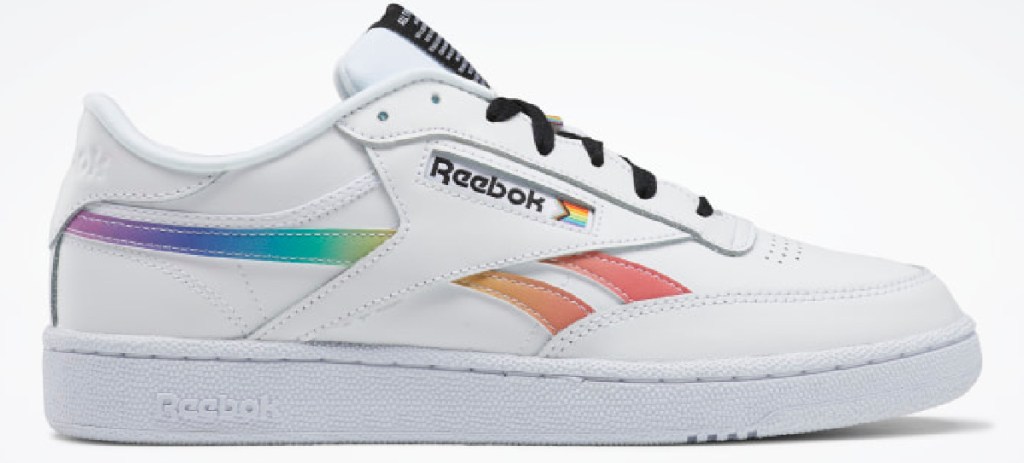 white and rainbow color Reebok shoes