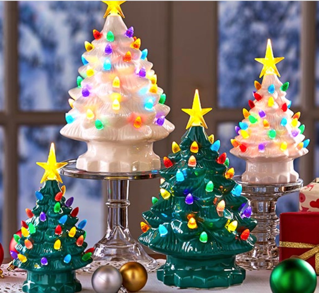 retro lighted christmas trees green or white