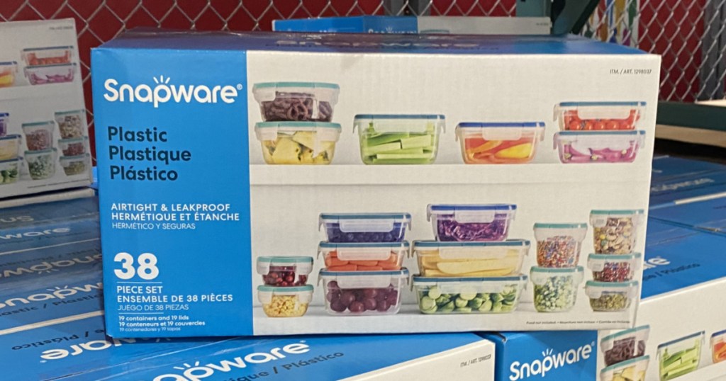 box of plasticware on top of other boxes in store