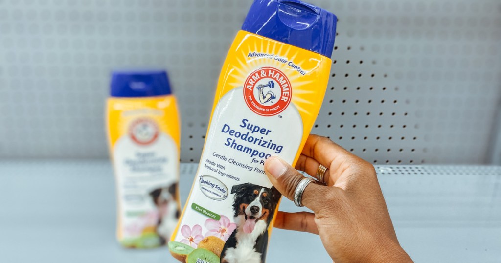 Hand holding up Arm & Hammer Deodorizing Shampoo