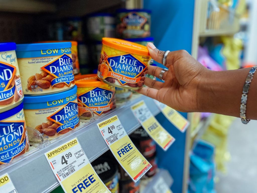 hand holding a can of Blue Diamond almonds