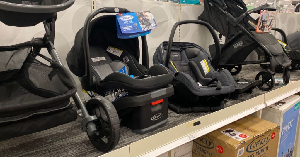 black car seat on shelf 