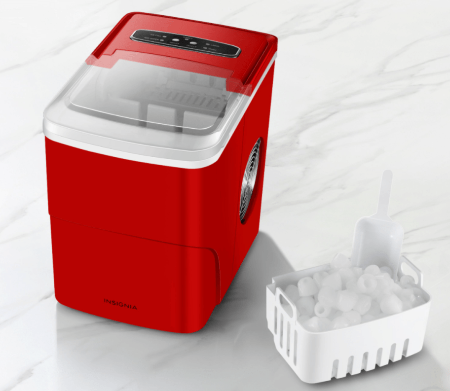 ice maker with a basket of ice next to it