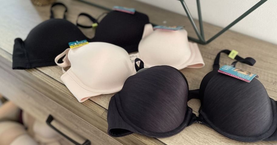 three bras on a table