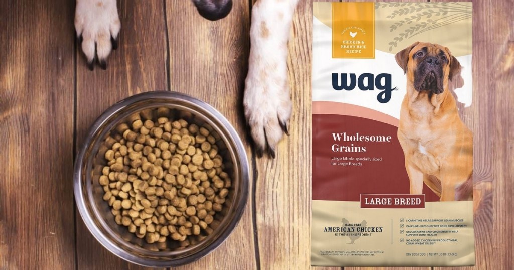 wag dog food with dog's paws and food bowl