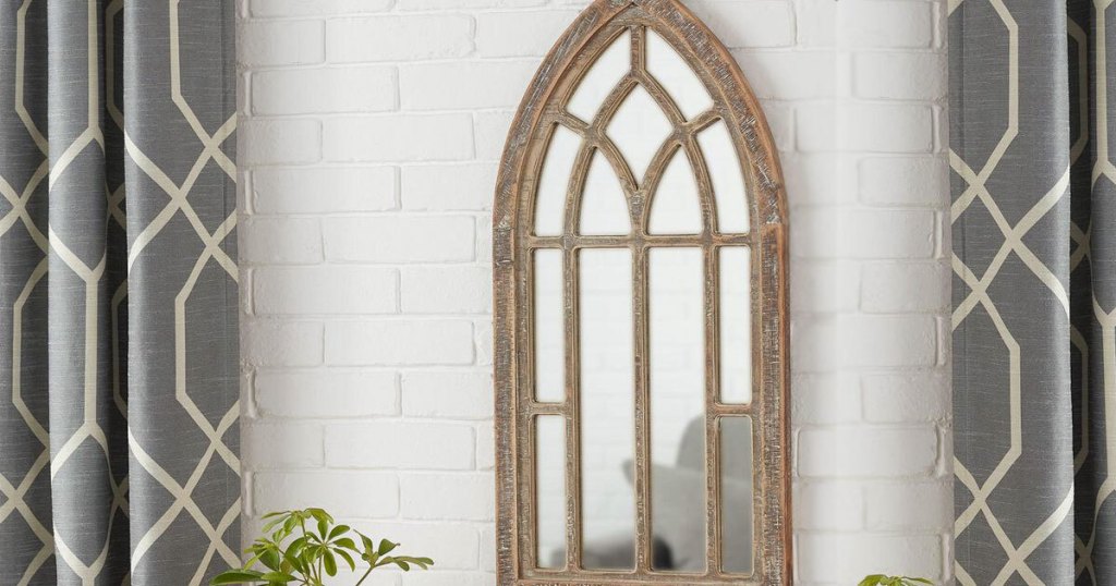 StyleWell Medium Arched Natural Wood Windowpane Antiqued Farmhouse Accent Mirror