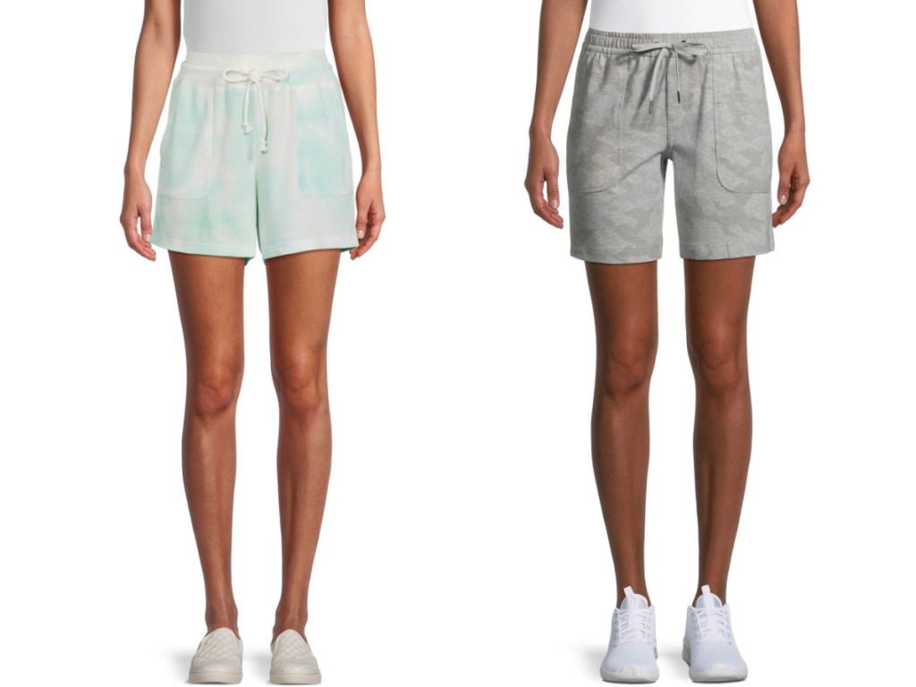 women wearing green tie dye shorts and gray shorts