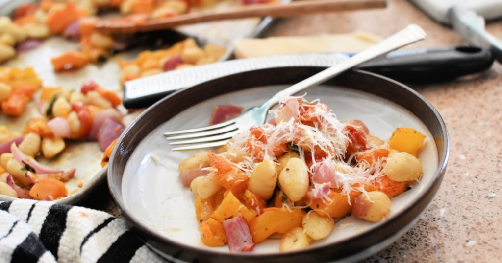 plate with sheet pan gnocchi bake