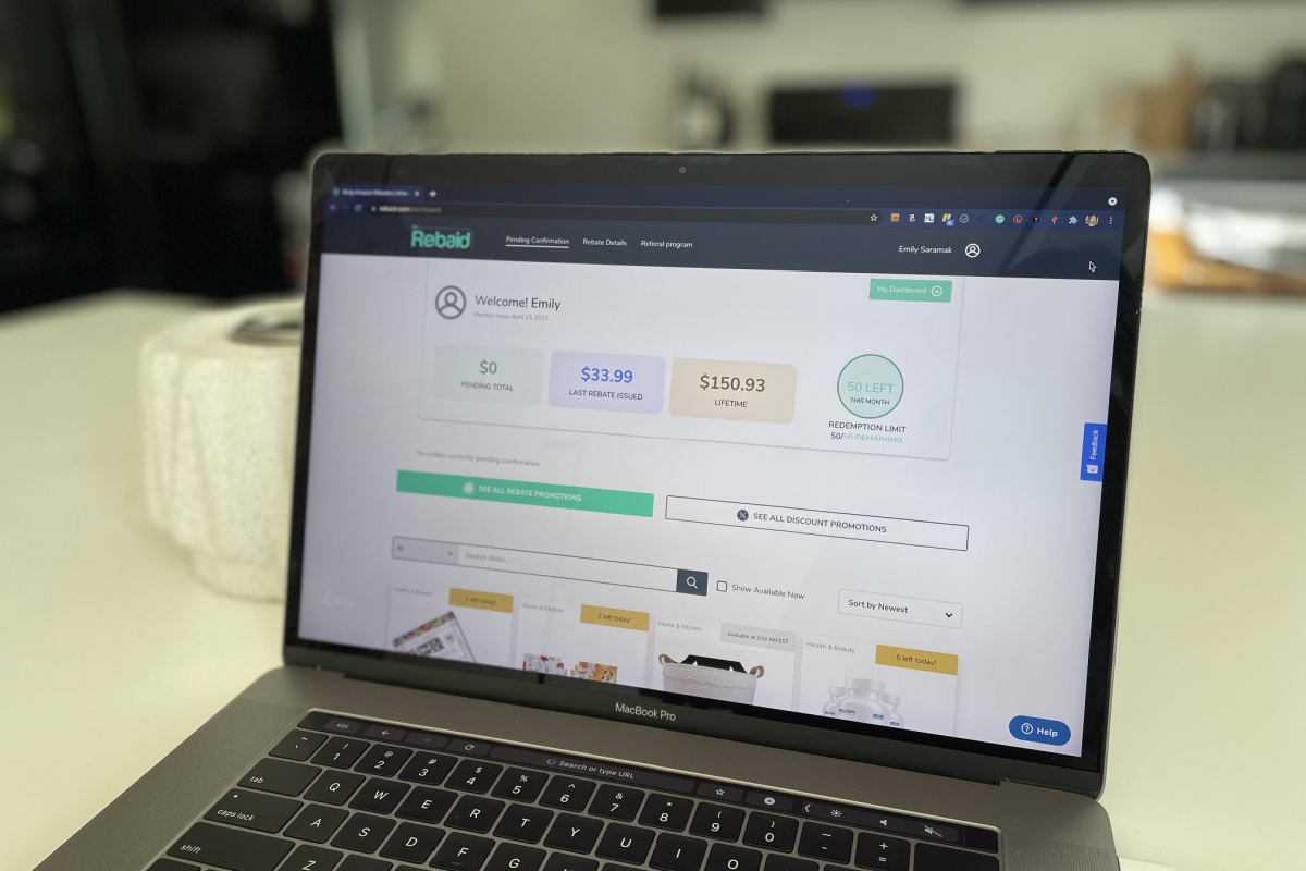 Amazon rebate site screen on laptop
