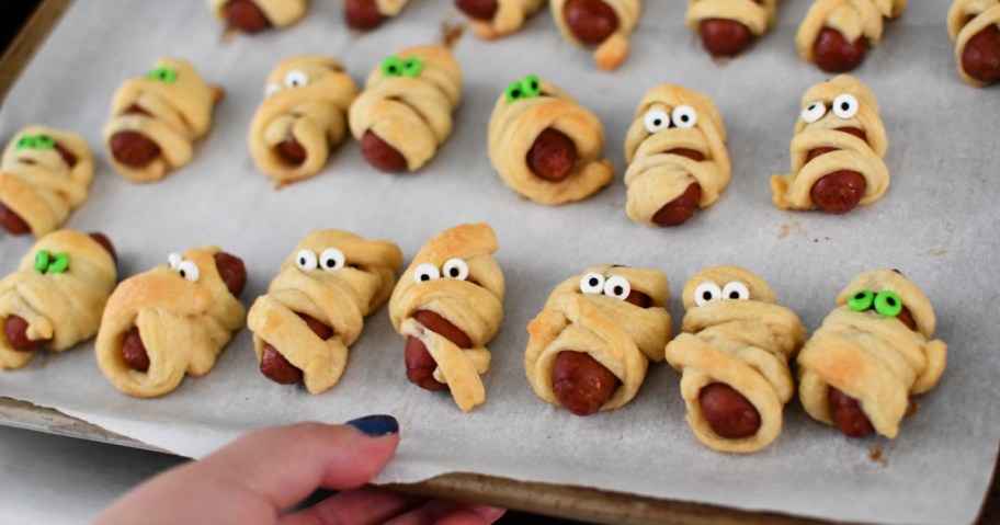 sheet pan with crescent mummies for halloween charcuterie