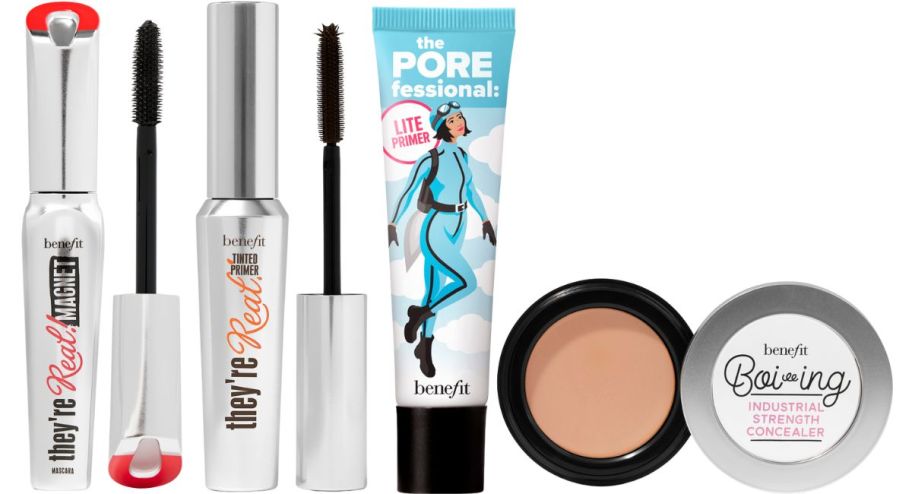 mascara, primer, face primer, and concealer for benefit cosmetics stock images