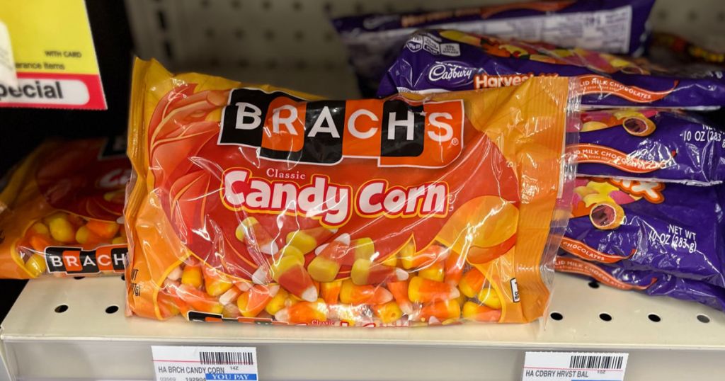 bag of candy corn on shelf 