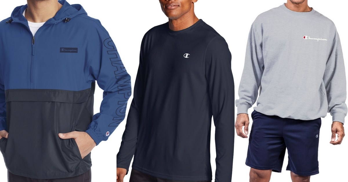 champion men's tee, windbreaker and crewneck sweatshirt