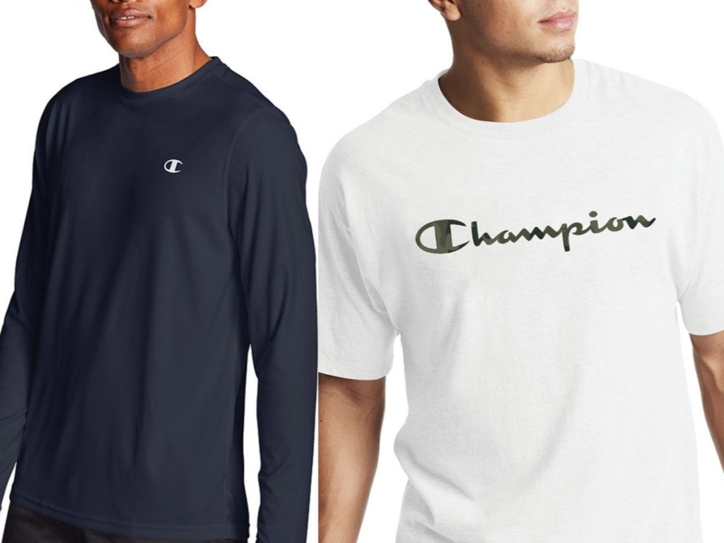 men's champion long sleeve tee and camo graphic short sleeve tee