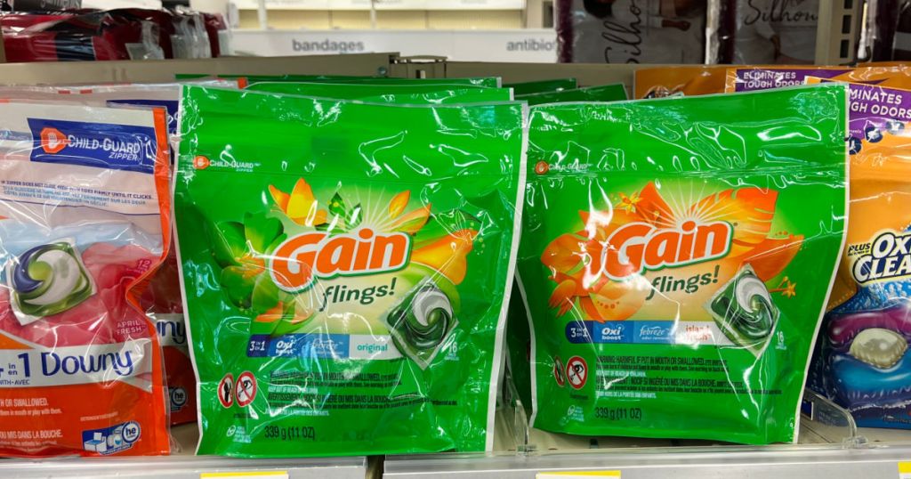 green bags of laundry pods 