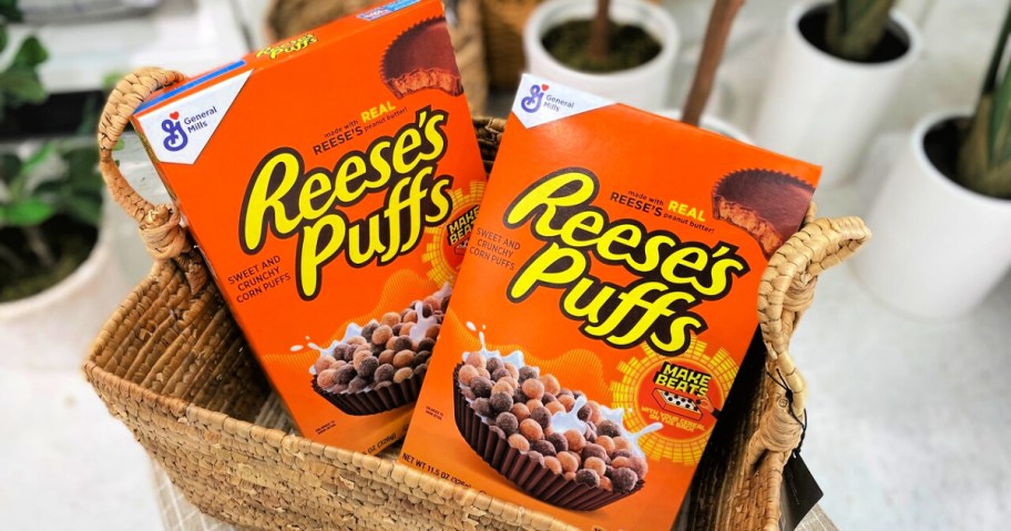 General Mills Reese's Puffs cereal in a basket