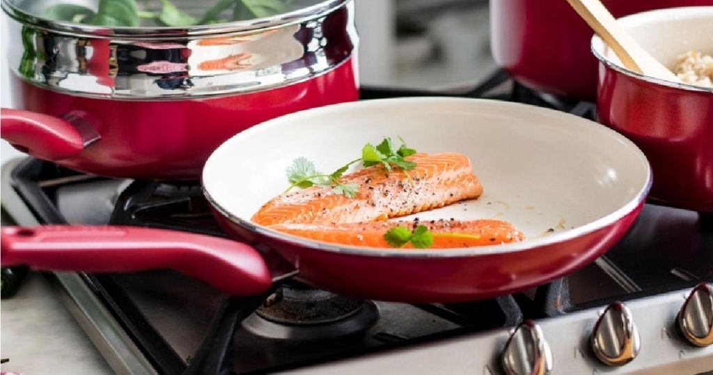 red pan on stovetop 