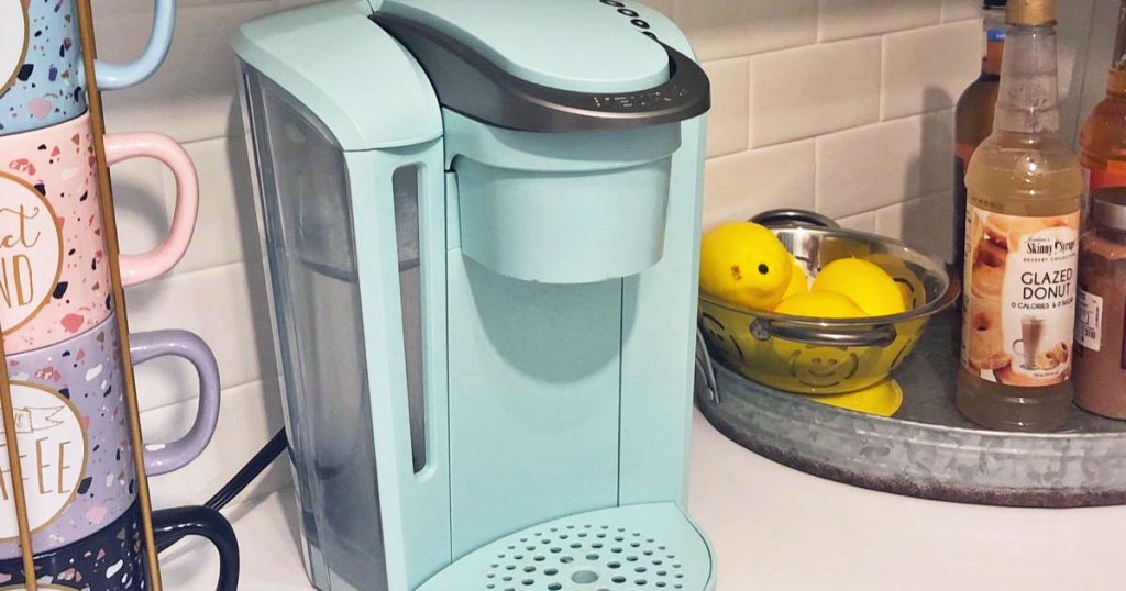 blue keurig on kitchen counter