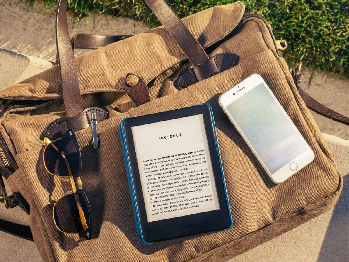 Kindle sitting on bag