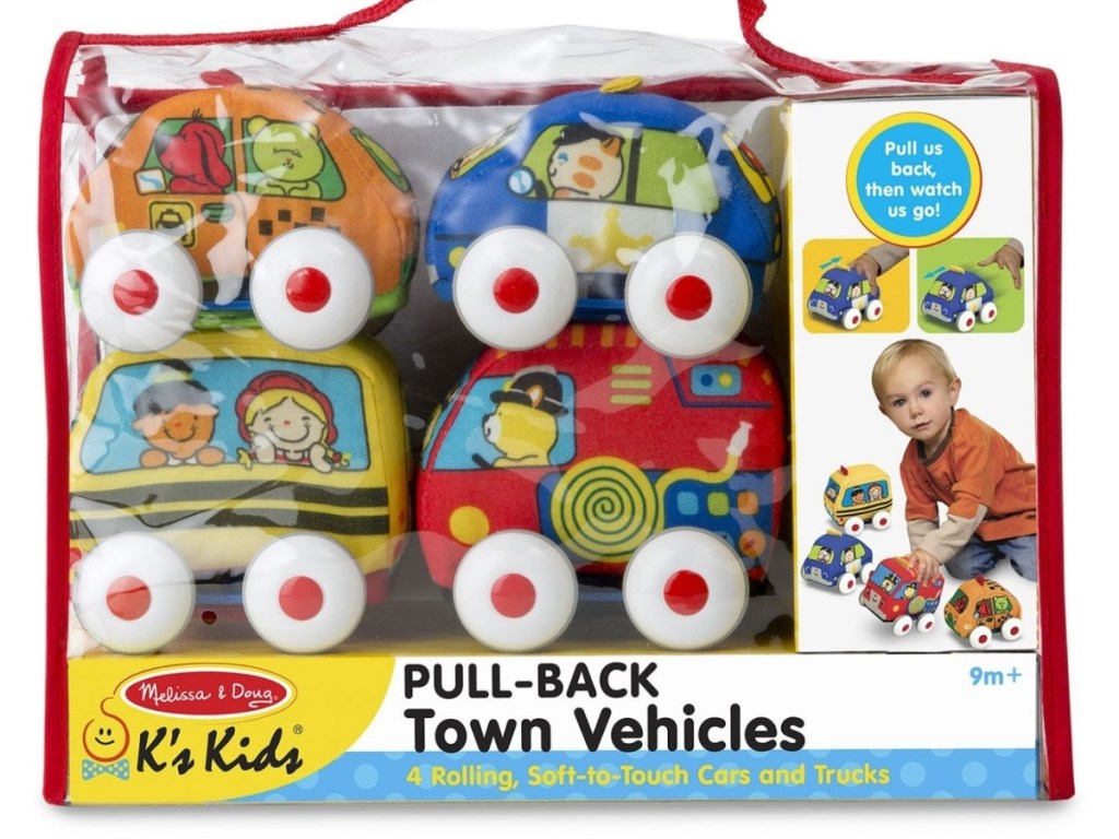 melissa and doug 4-piece pull back vehicle set