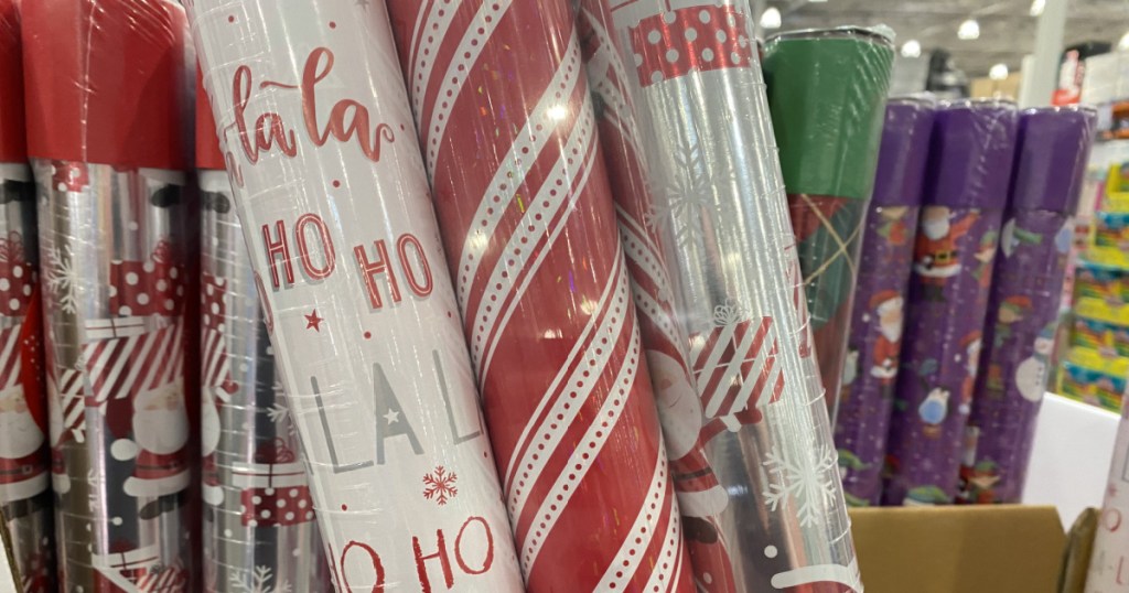 rolls of wrapping paper on display in store