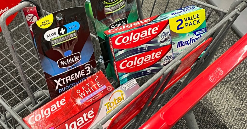 razors and toothpaste in front of red cart 