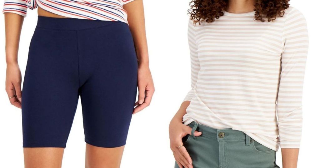 two women modeling shorts and a top