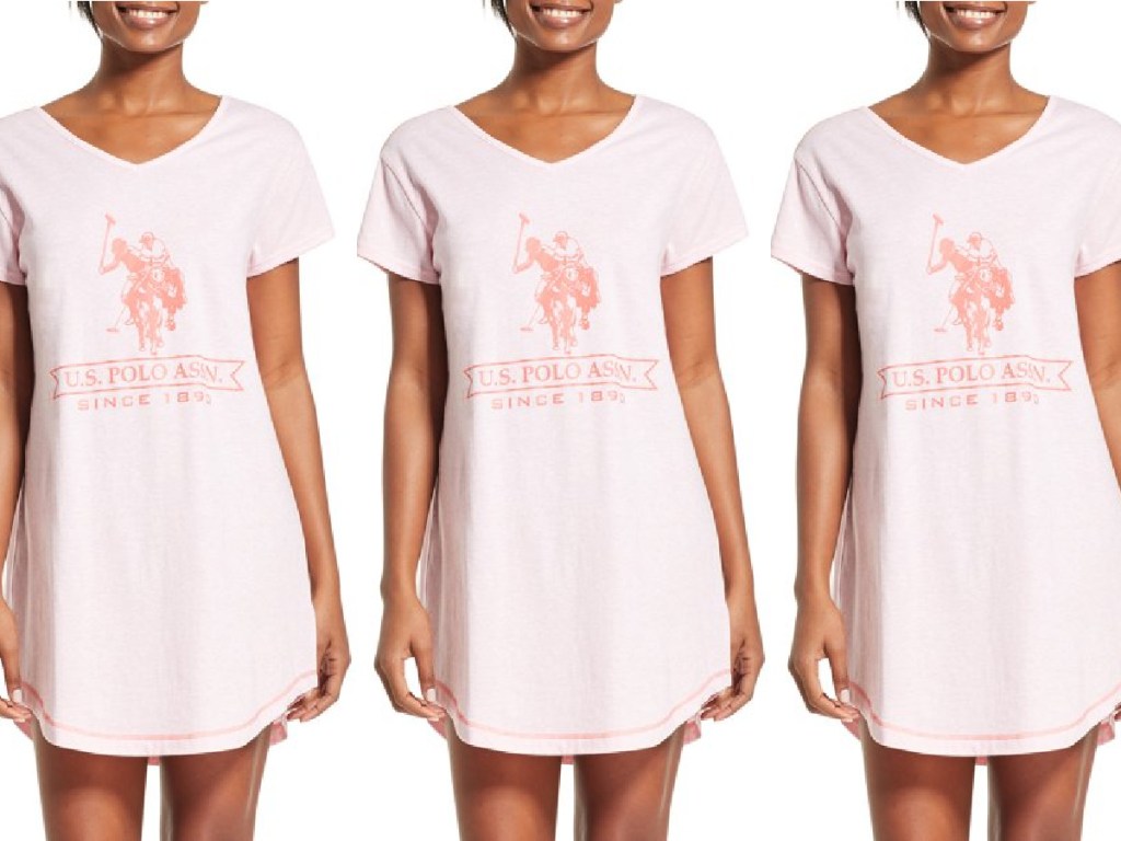 U.S. Polo Assn. Women's Short Sleeve Pajama Night Shirt Dress with V-neck USPA Logo and open back