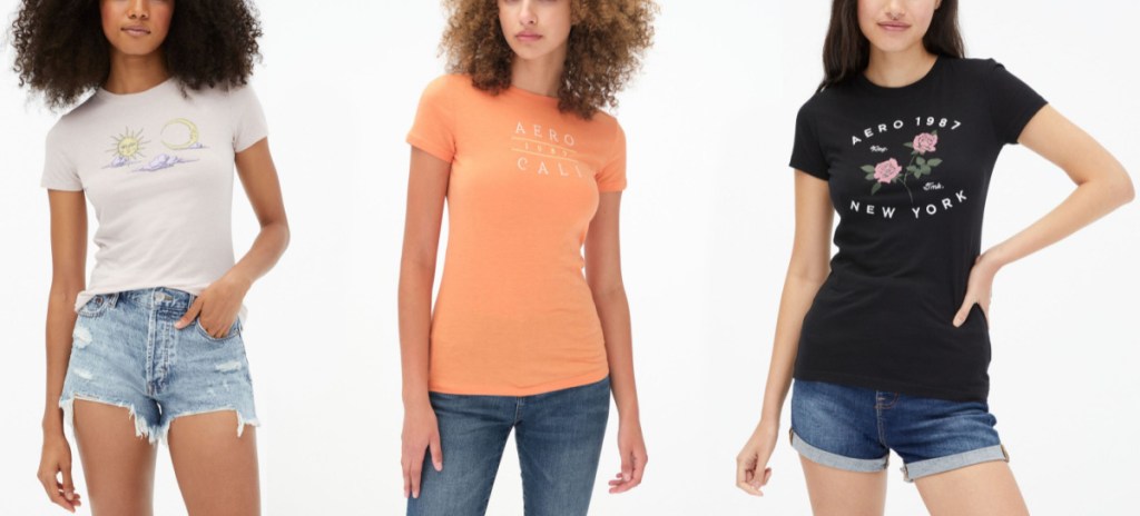 three women wearing aeropostale tees