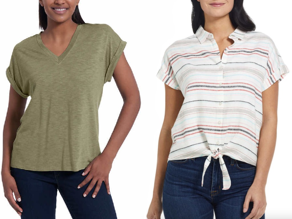 two women's torsos wearing tees