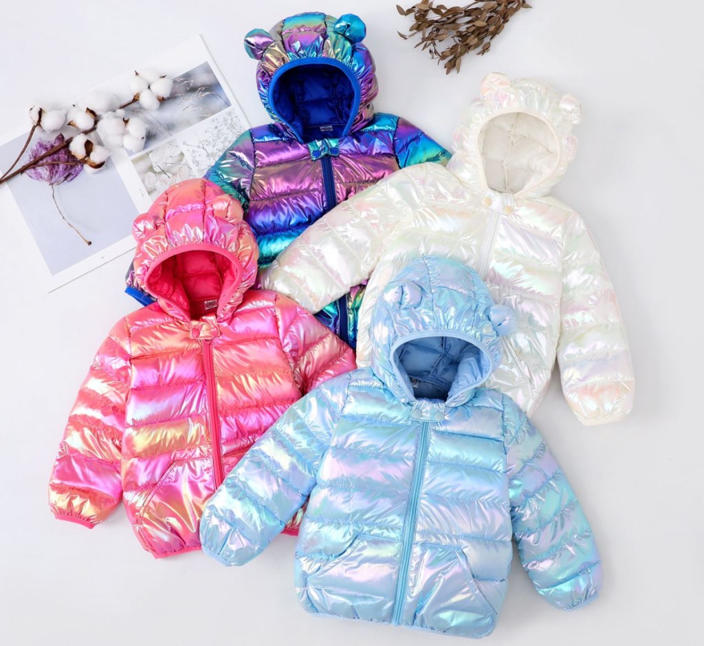 shiny multi colored kids hooded puffer coats