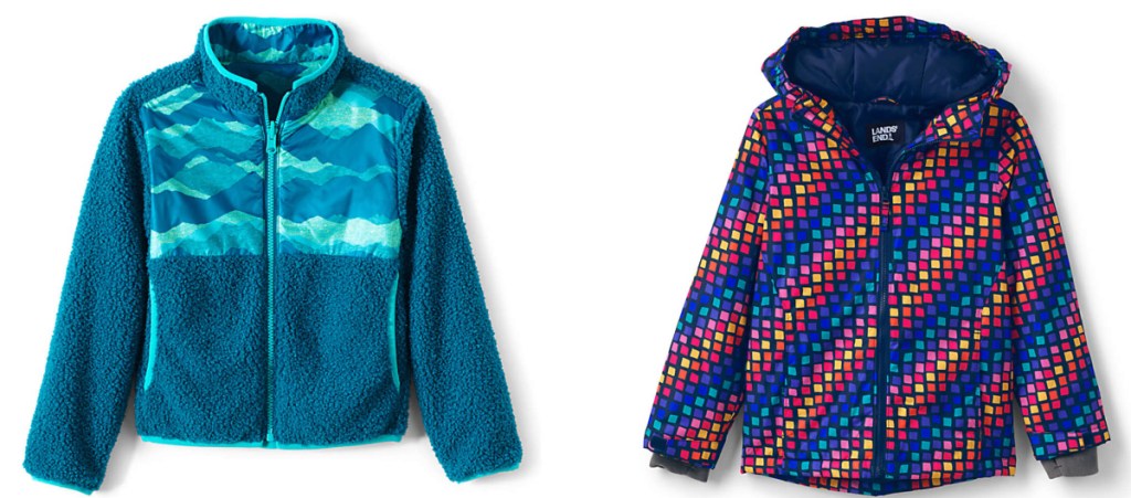 blue zip up jacket and multi colored zip up jacket