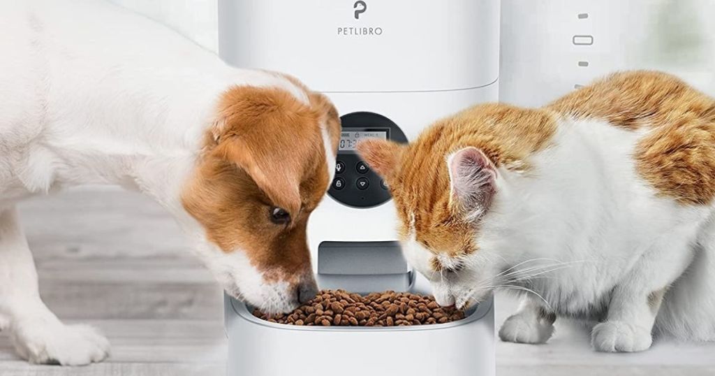 dog and cat eating out of white pet feeder