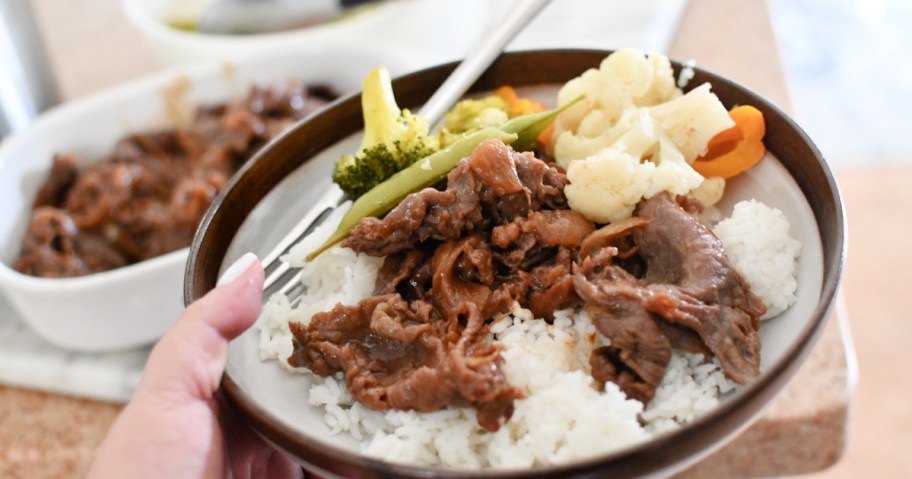 plate of costco bulgogi with veggies and rice