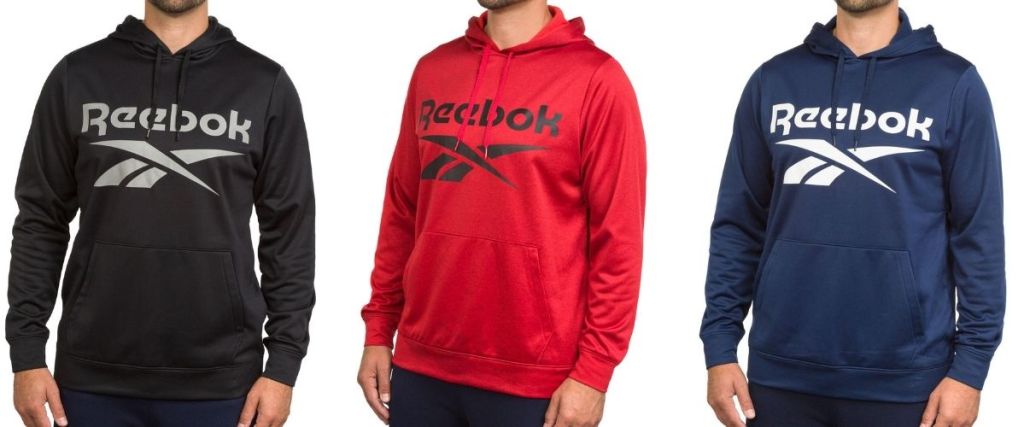 men wearing black, red, and blue Reebok hoodies