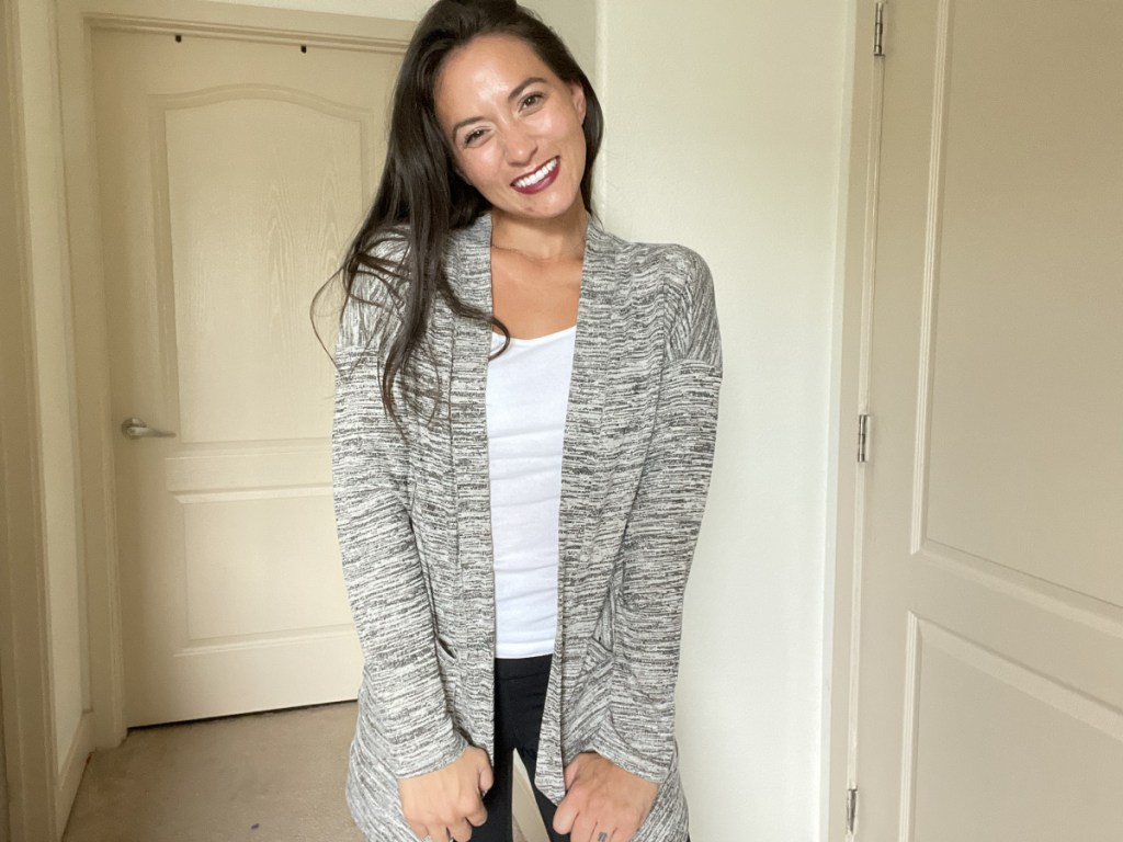 woman in gray patpat cardigan