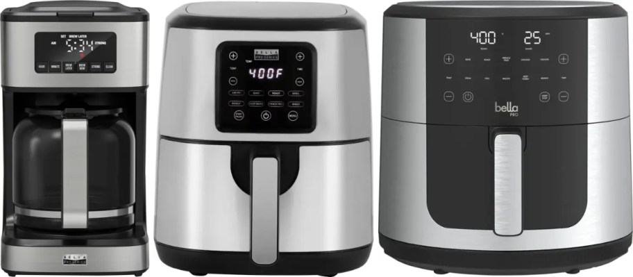 a silver and black coffee maker, small air fryer and larger air fryer