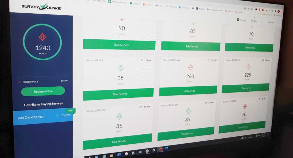 Survey Junkie dashboard on desktop onlineputer