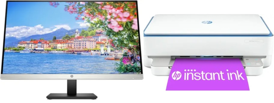 an HP monitor with a water scene on it and a white HP printer