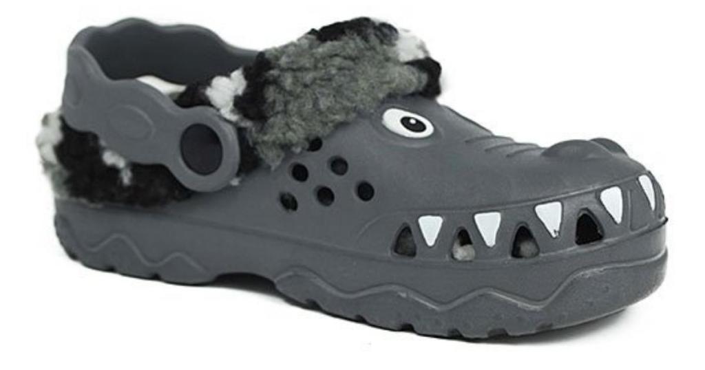 chatties boys dinosaur black and gray sherpa clogs