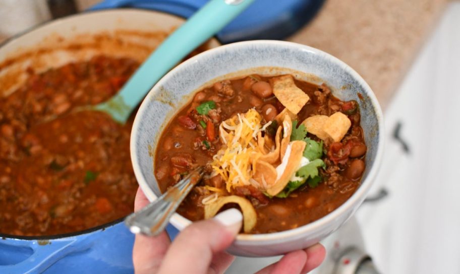 A bowl of chili made with ranch style beans