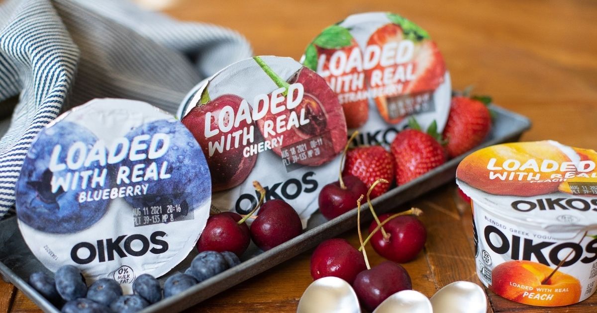 Oikos blueberry, cherry, strawberry and peach greek yogurts